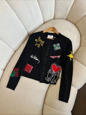 Keith Haring Black Knit Cardigan with Colorful Pop Art Patches